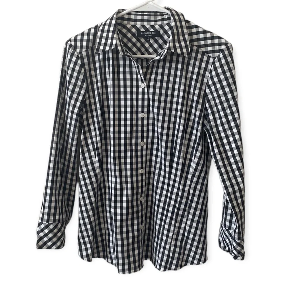 Lafayette 148 New York Black & White Gingham Button-Down Shirt - Picture 3 of 7